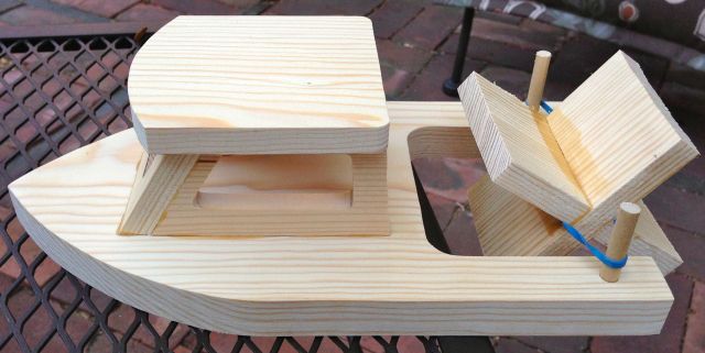 Rubber band powered paddle boat.