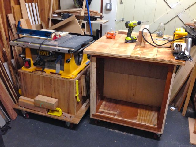 Side by side with my table saw.  The cart is the same height and can be used as a out-feed/in feed/side feed for the table saw. 