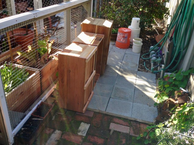 Completed planter boxes wait for dirt.